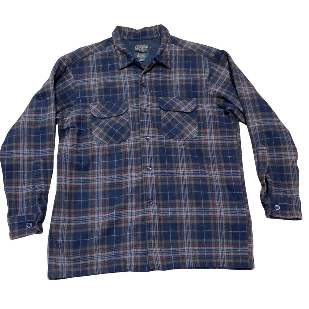 Vtg Pendleton Board Shirt Shacket L Loop Collar Blue Gray Plaid Virgin Wool